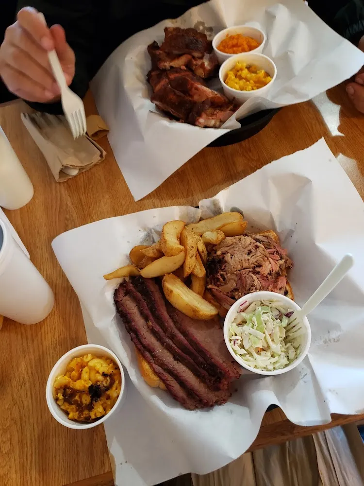 2 Meat Combo Ribs and Brisket Plate Side of Potato Salad and Mac N Cheese