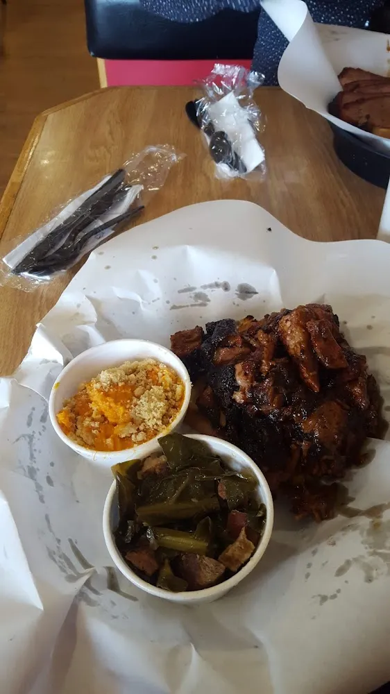 Brisket Burnt Ends with Greens and Sweet Potato