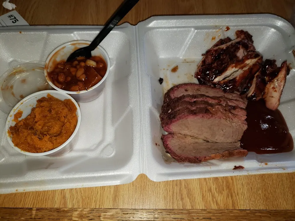 Double Meat Plate with Brisket and Chicken Includes 2 Sides Baked Beans and Sweet Potato Casserole